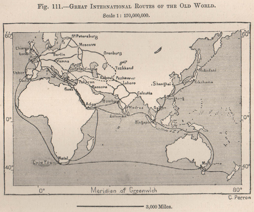 Great International routes of the Old World 1885 antique map plan chart